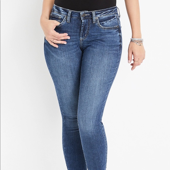 Silver Jeans Co.® Authentic Skinny Curvy Mid Rise Jean Dark Sandblast SZ 2 - Picture 2 of 5